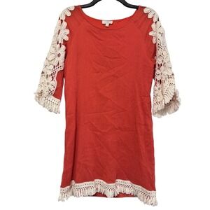 Umgee Coral Gauze Boho Tunic Mini Dress Lace Crochet Fringe Detail Size Small‎
